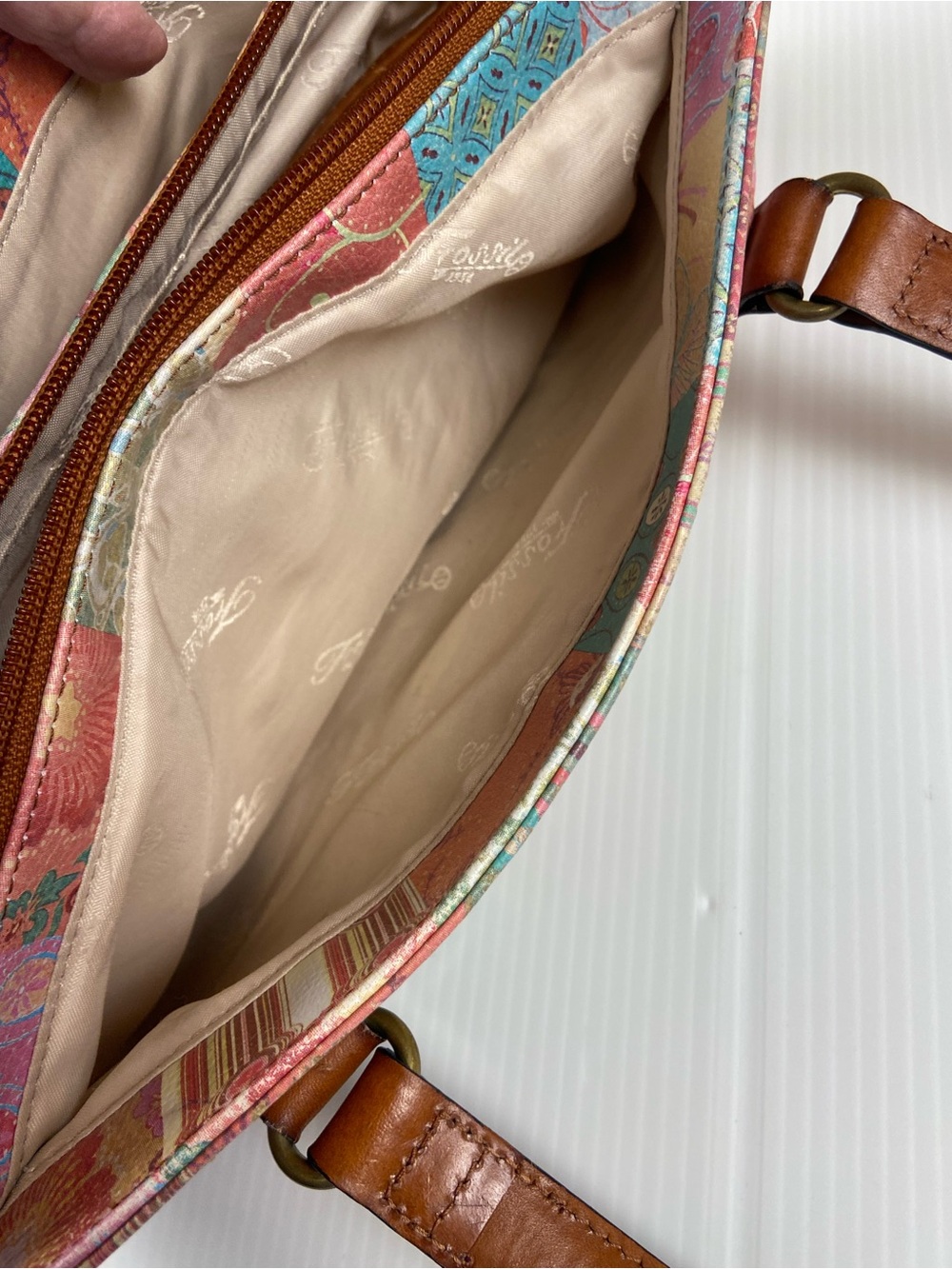 Fossil Genuine Leather Patchwork Print Shoulder Bag Boho Y2K Purse - Picture 9 of 10